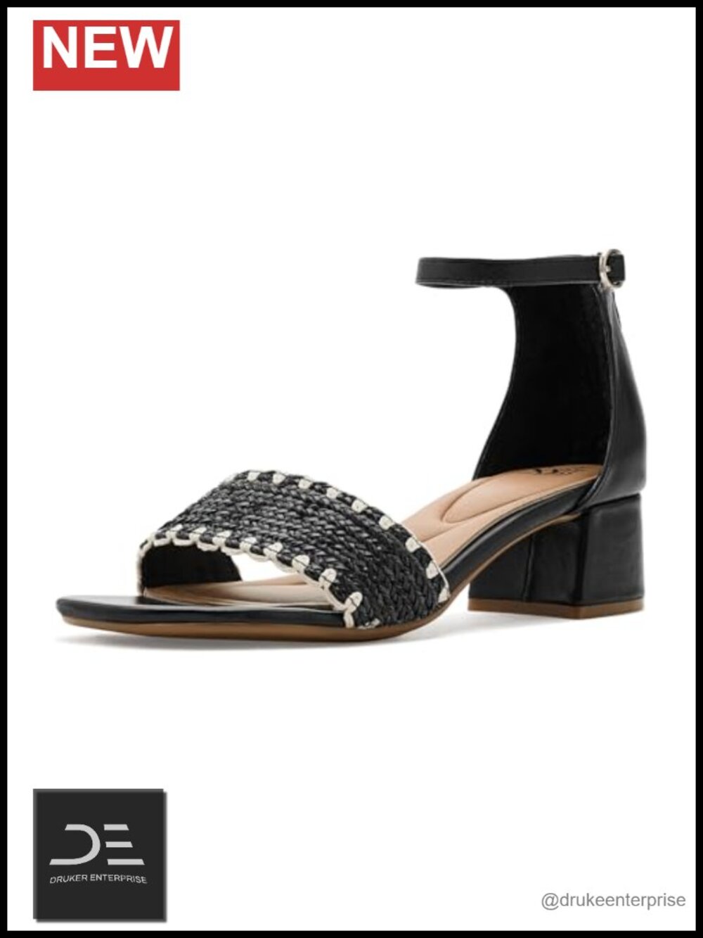 Leather Block Heel Ankle Strap Sandals - Square Toe, Zip Closure